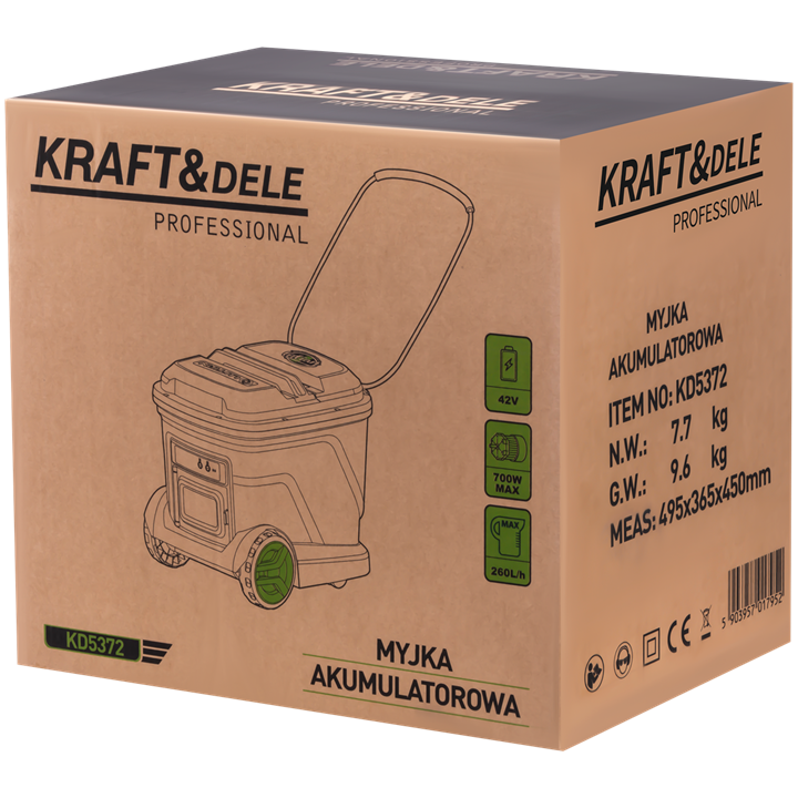 Myjka akumulatorowa ze zbiornikiem 20L 700W 42V 3000mAh 200bar 260l/h KD5372