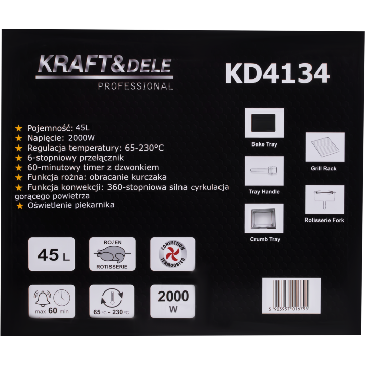 KUCHENKA ELEKTRYCZNA 45L 2000W FUNKCJA ROŻNA+AKCESORIA KD4134