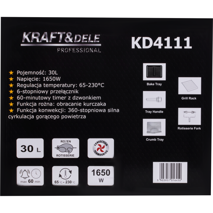 KUCHENKA ELEKTRYCZNA 30L 1650W FUNKCJA ROŻNA+AKCESORIA KD4111
