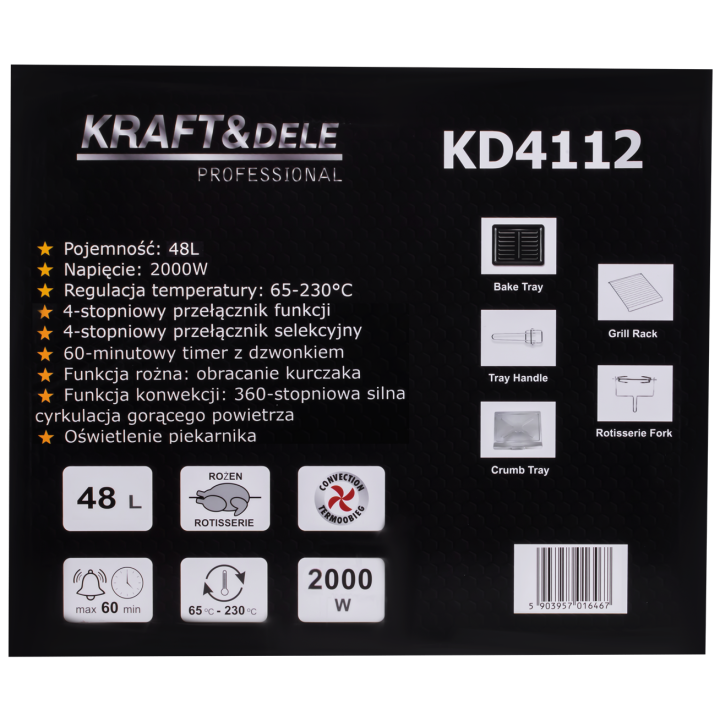 KUCHENKA ELEKTRYCZNA 48L 2000W FUNKCJA ROŻNA+AKCESORIA KD4112
