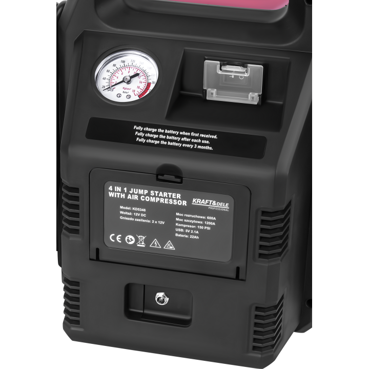 JUMP-STARTER 4w1 1200/600A 22Ah 12V + OŚWIETLENIE + KOMPRESOR KD5346
