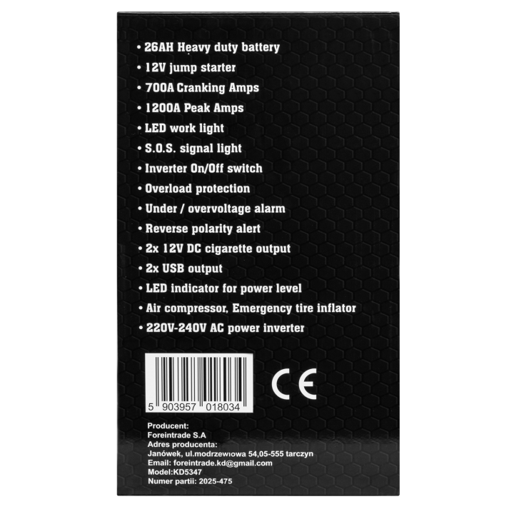JUMP-STARTER 1200/700A 26Ah 12V INWERTER KD5347