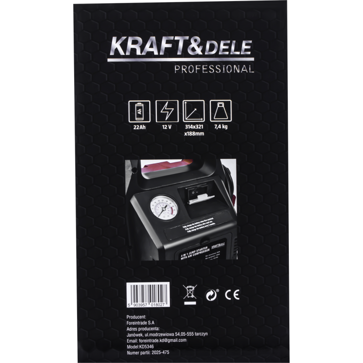 JUMP-STARTER 4w1 1200/600A 22Ah 12V + OŚWIETLENIE + KOMPRESOR KD5346