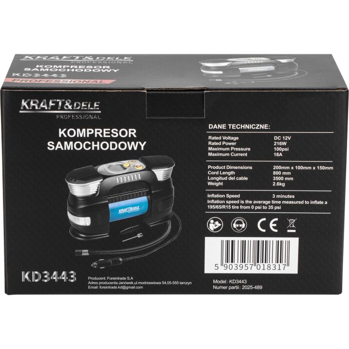 KOMPRESOR SAMOCHODOWY 7BAR 250W KD3443