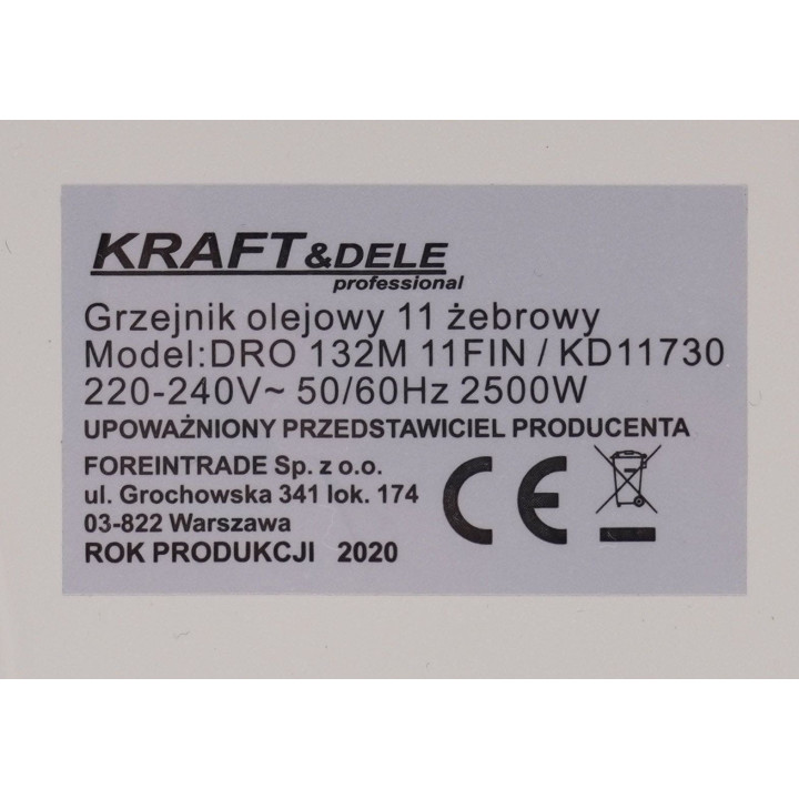 Grzejnik olejowy 2500W 11 żeberek KD11730
